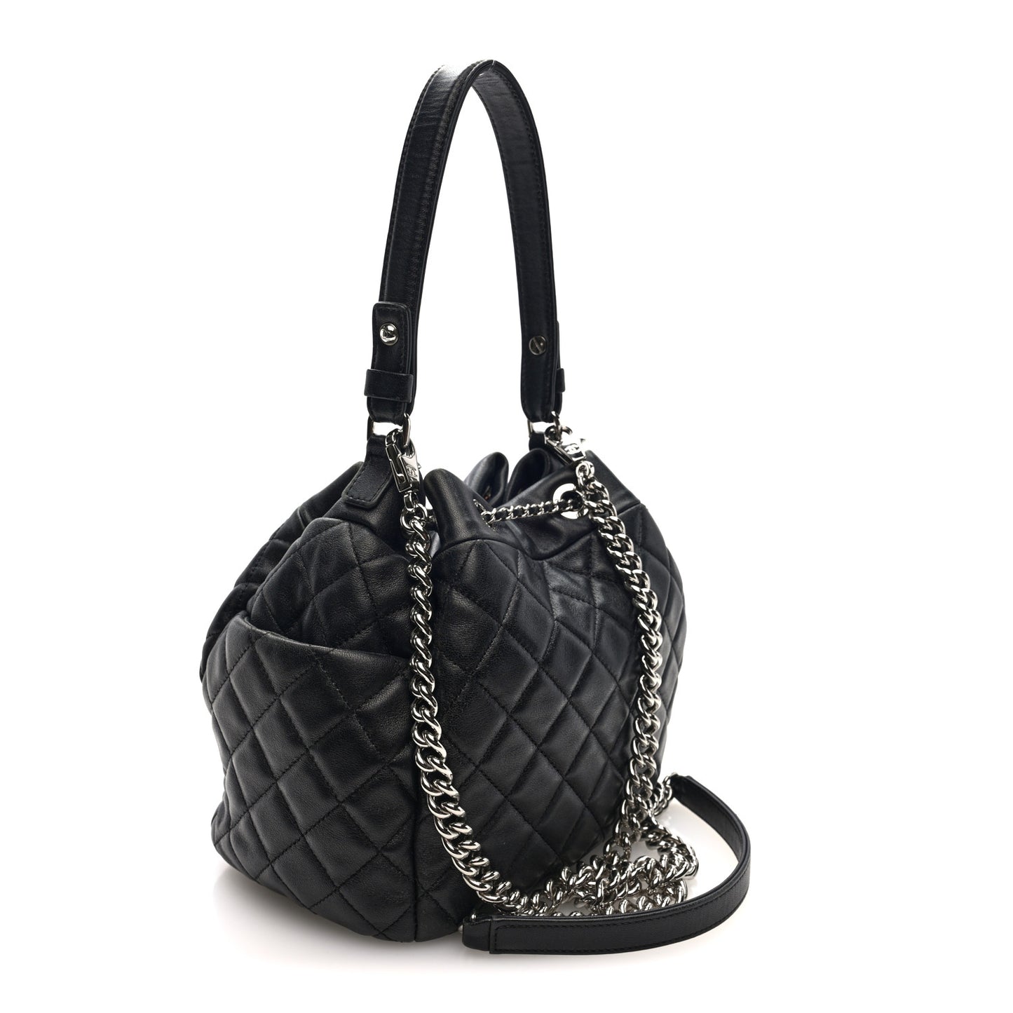 Lambskin Quilted CC Chain Drawstring Tote Black