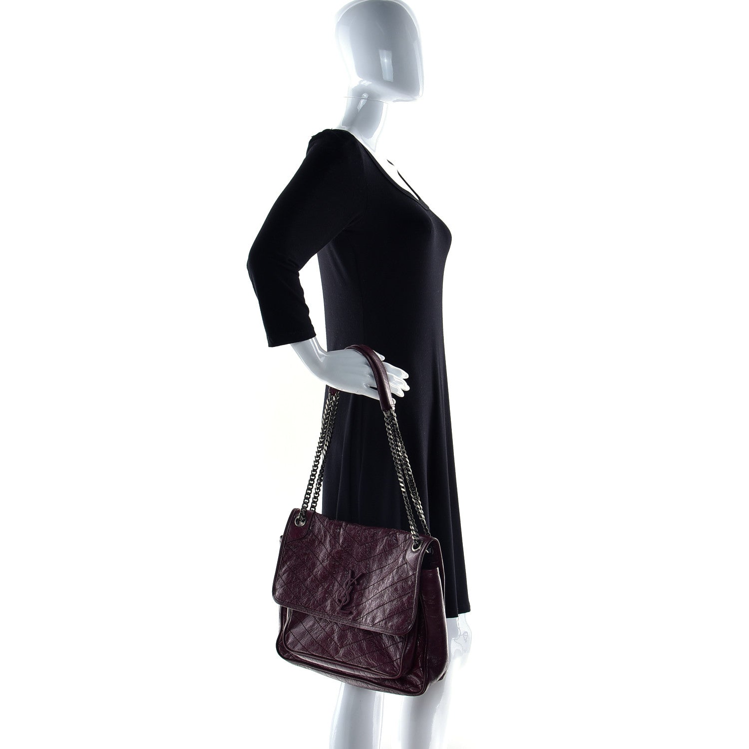 Saint Laurent Crinkled Calfskin Matelasse Monogram Large Niki Chain Satchel Rouge Legion 3 of 21