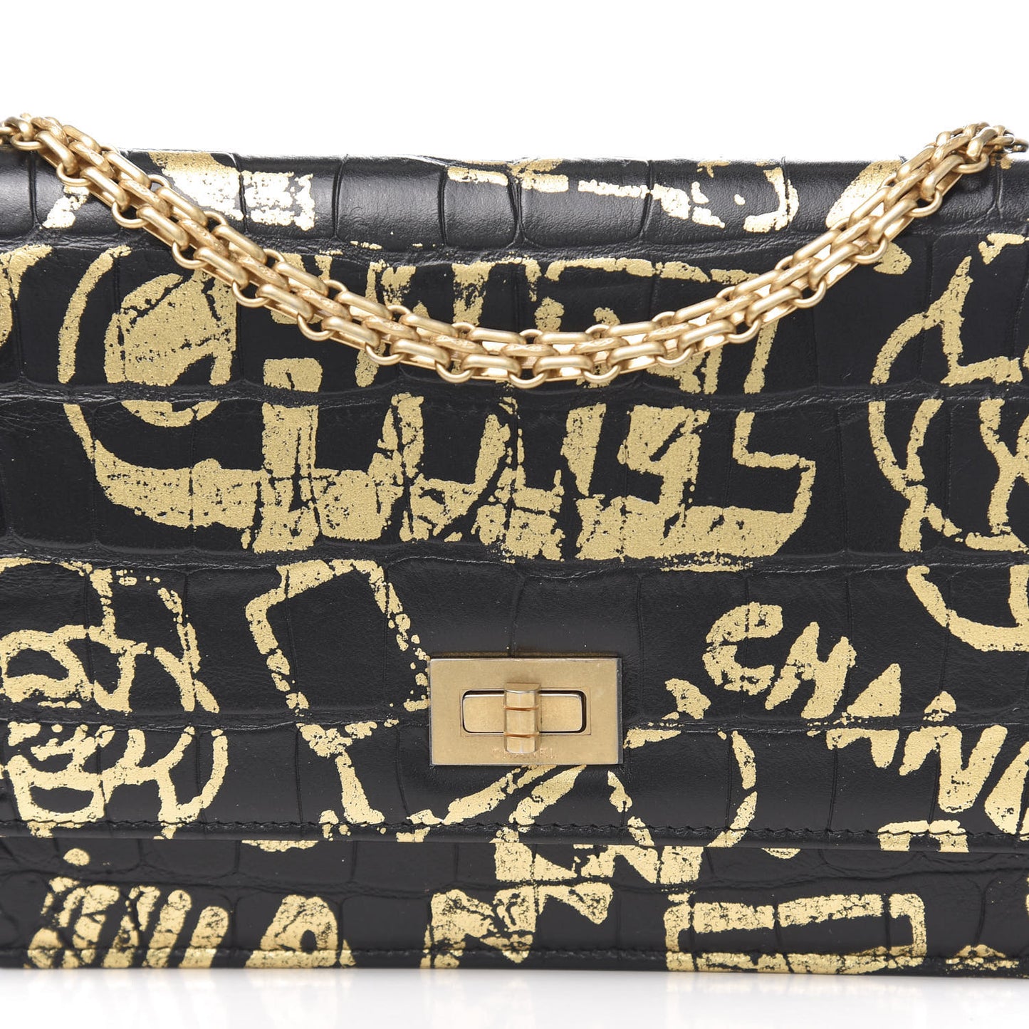 Calfskin Crocodile Embossed Graffiti 2.55 Cocodile Reissue Wallet On Chain WOC Black Gold