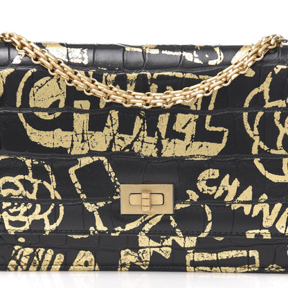 Chanel Calfskin Crocodile Embossed Graffiti 2.55 Cocodile Reissue Wallet On Chain WOC Black Gold 11 of 22