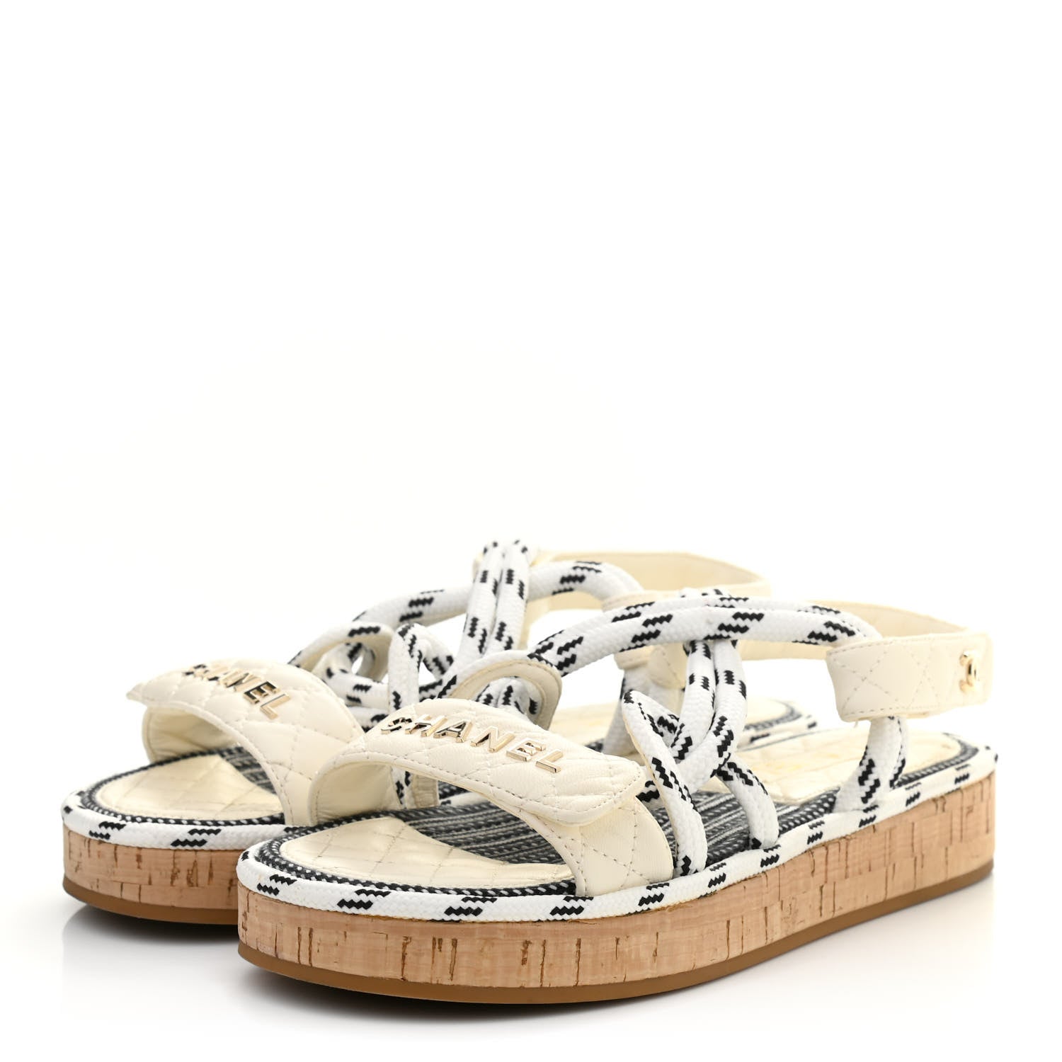 Chanel Cord Lambskin Quilted Logo Sandals 37 White Black 3 of 8