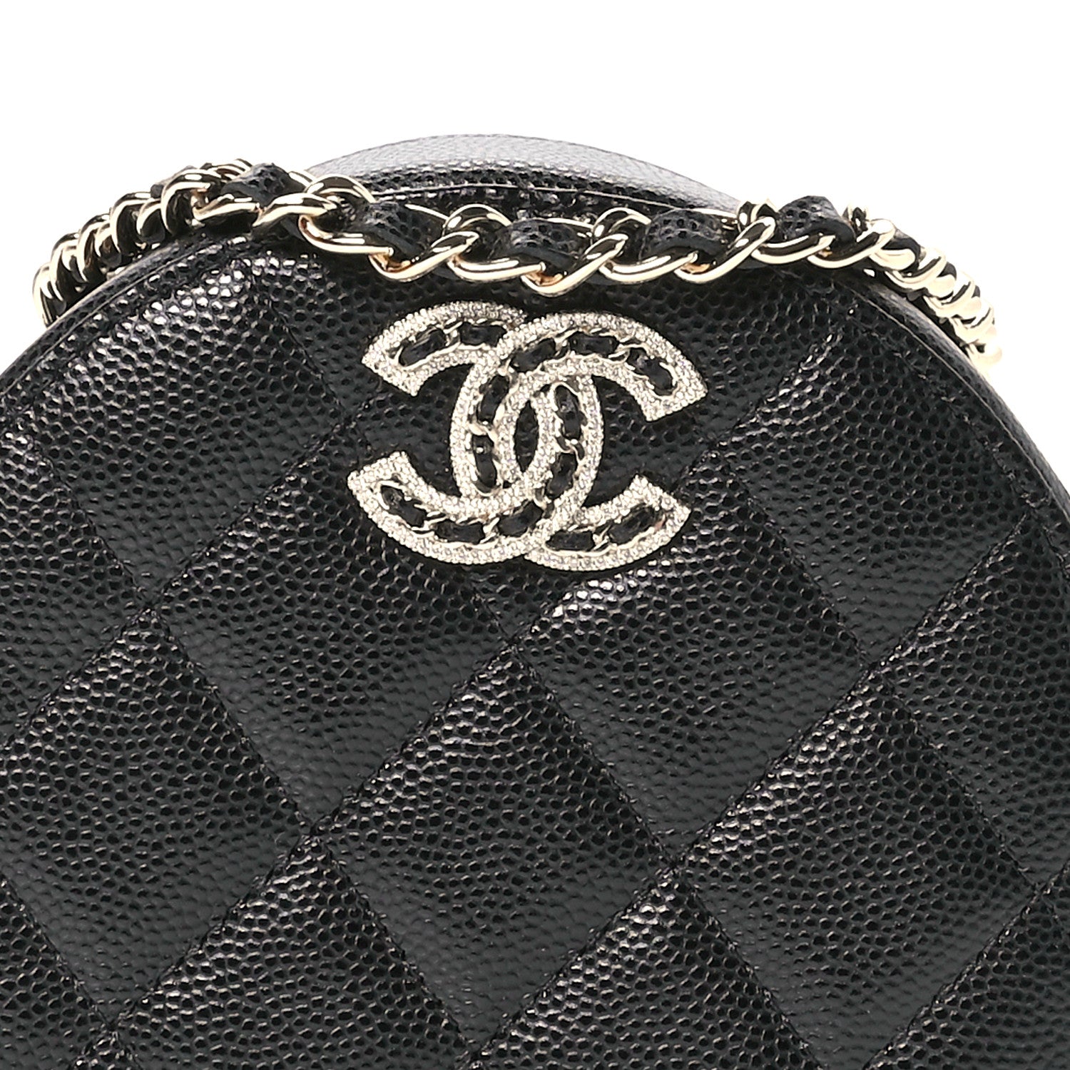 Chanel Caviar Quilted Crystal CC Round Clutch With Chain Black 8 of 11