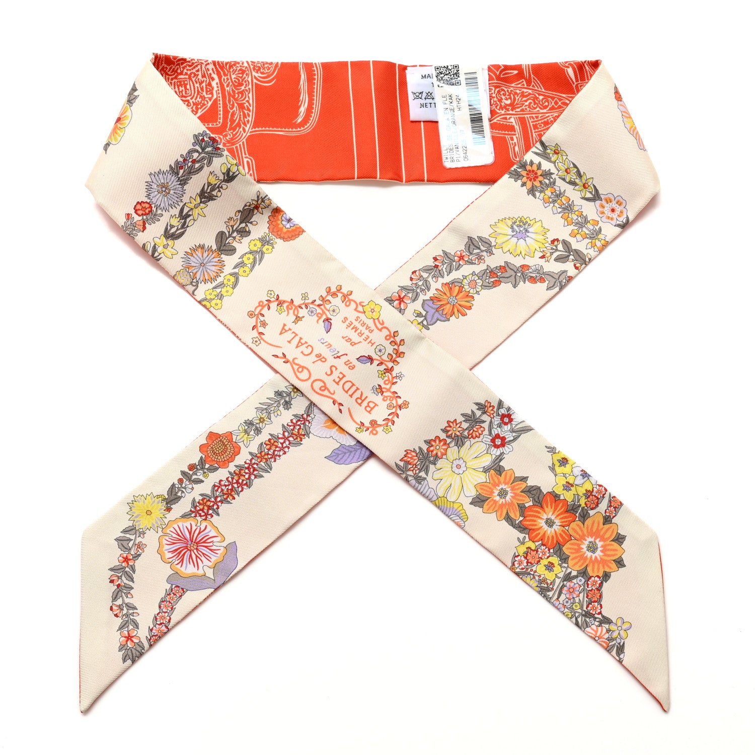 Hermes Silk Brides De Gala En Fleurs Twilly Vanille Orange Kaki 1 of 4