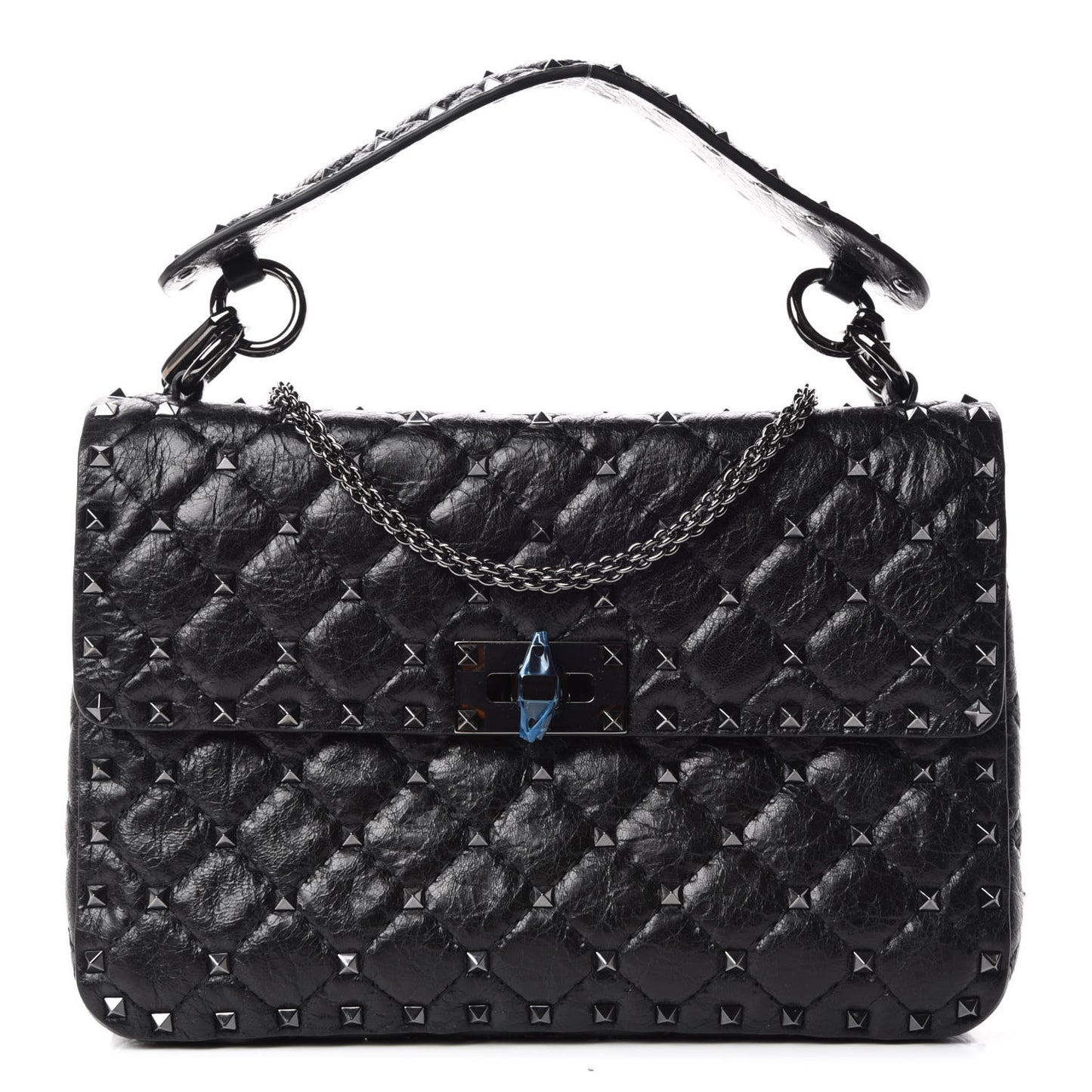 Craquele Nappa Medium Rockstud Spike Shoulder Bag Black