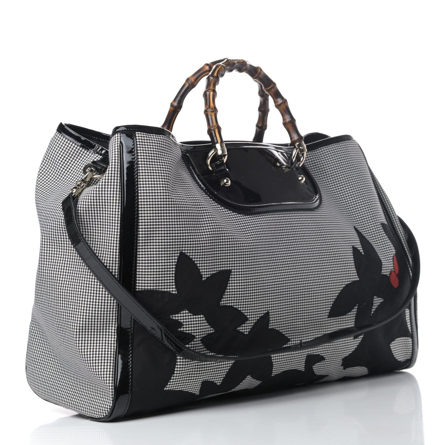 Patent Canvas Plaid Large Bamboo Tote Black