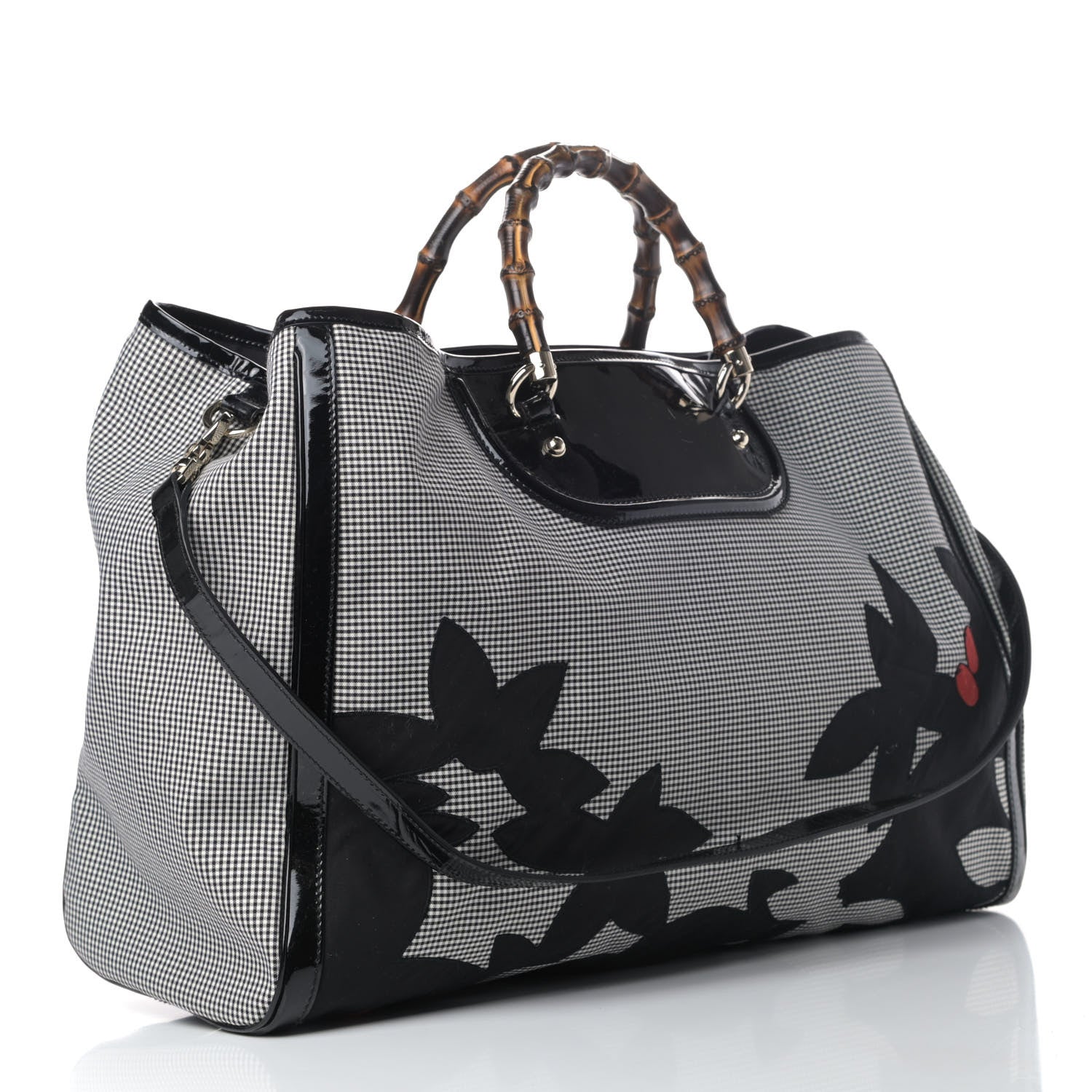 Gucci Patent Canvas Plaid Large Bamboo Tote Black 2 of 5