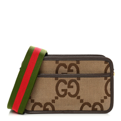 Gucci Monogram Jumbo GG Textured Dollar Calfskin Web Mini Crossbody Bag Camel Ebony New Acero 1 of 10