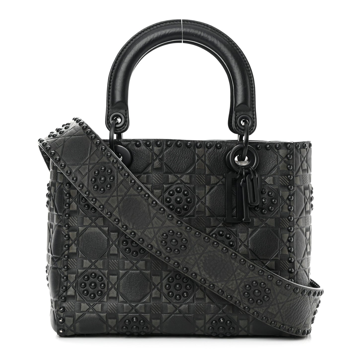Calfskin Cannage Embossed Studded Medium Supple Lady Dior Black