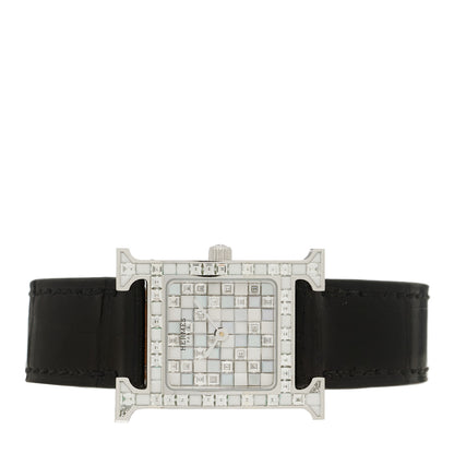 Hermes 18K White Gold Alligator Diamond 21mm Heure H Hour Mosaique Joailliere Quartz Watch Noir 2 of 5