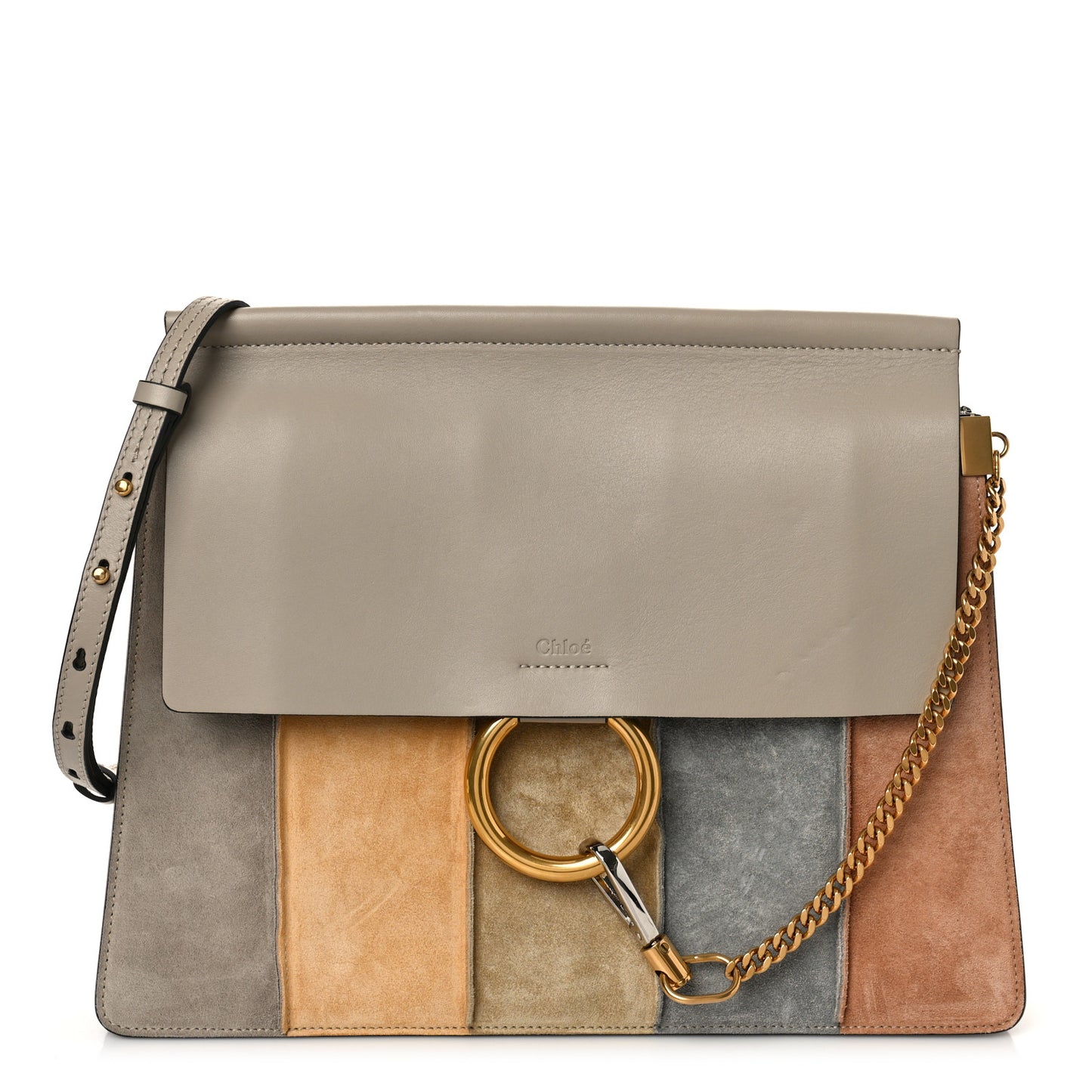 Suede Calfskin Striped Patchwork Medium Faye Shoulder Bag Grey Multicolor