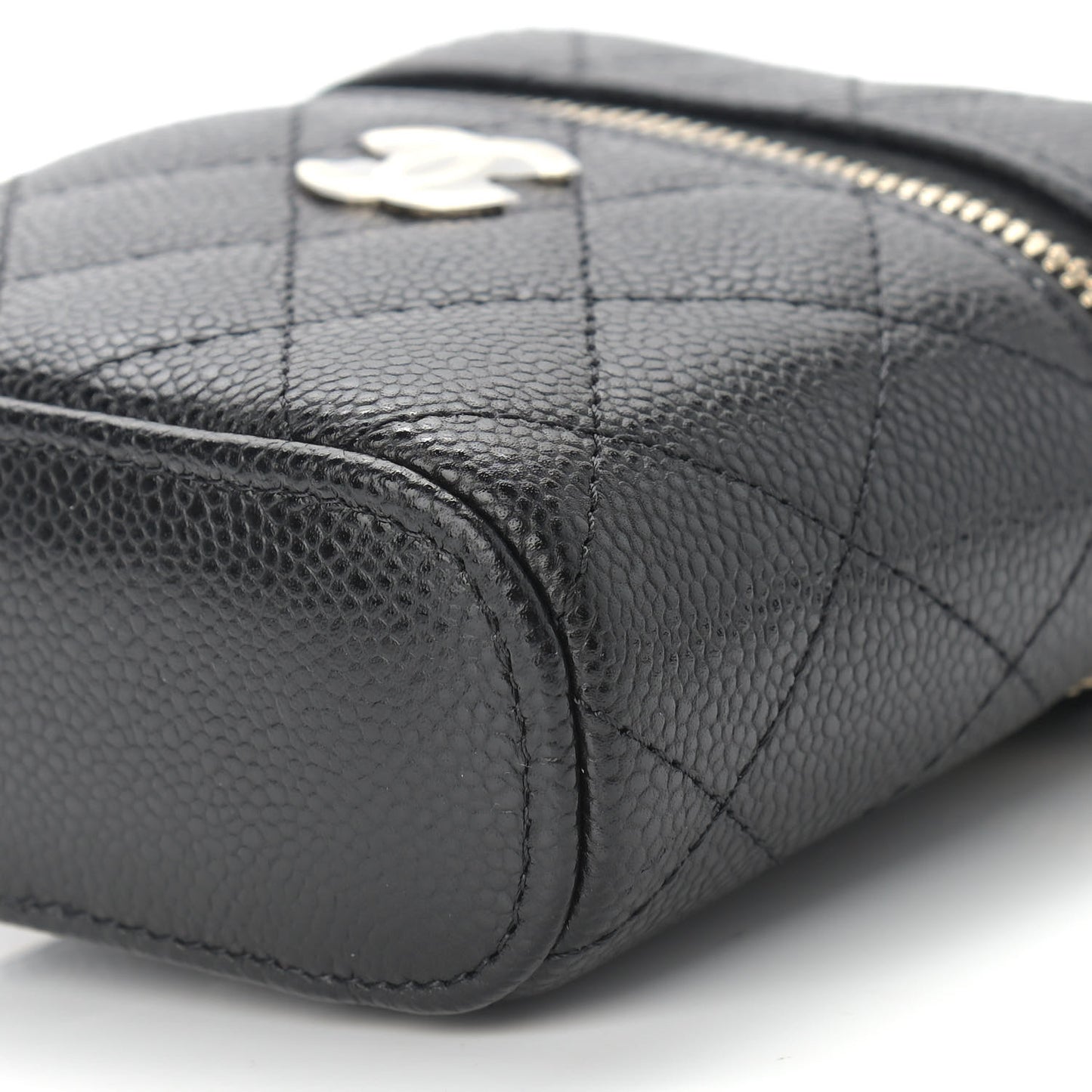 Caviar Quilted Small Handle With Care Vanity Case With Chain Black