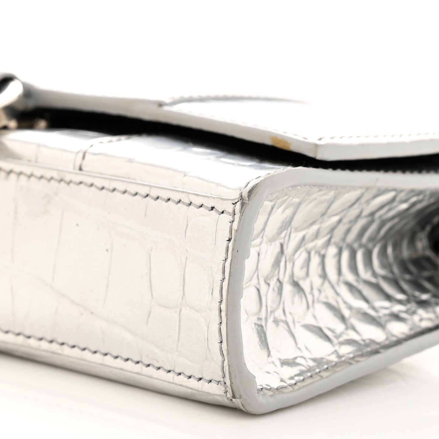 Metallic Calfskin Crocodile Embossed Hourglass Chain Bag Silver