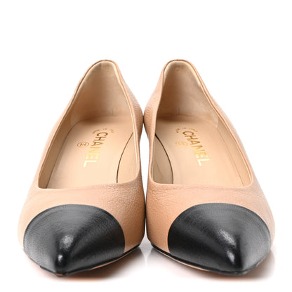 Chanel Grained Calfskin Cap Toe Pumps 38.5 Beige Black 3 of 9