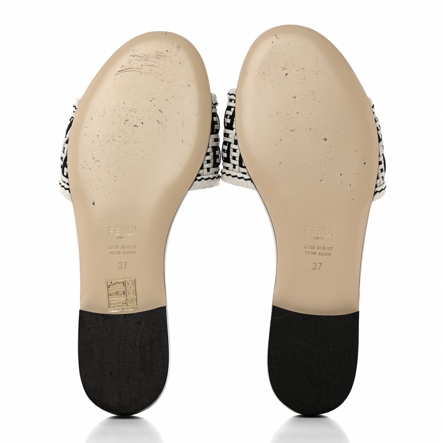 Woven Calfskin Zucca FF Flat Slide Sandals 37 White Black