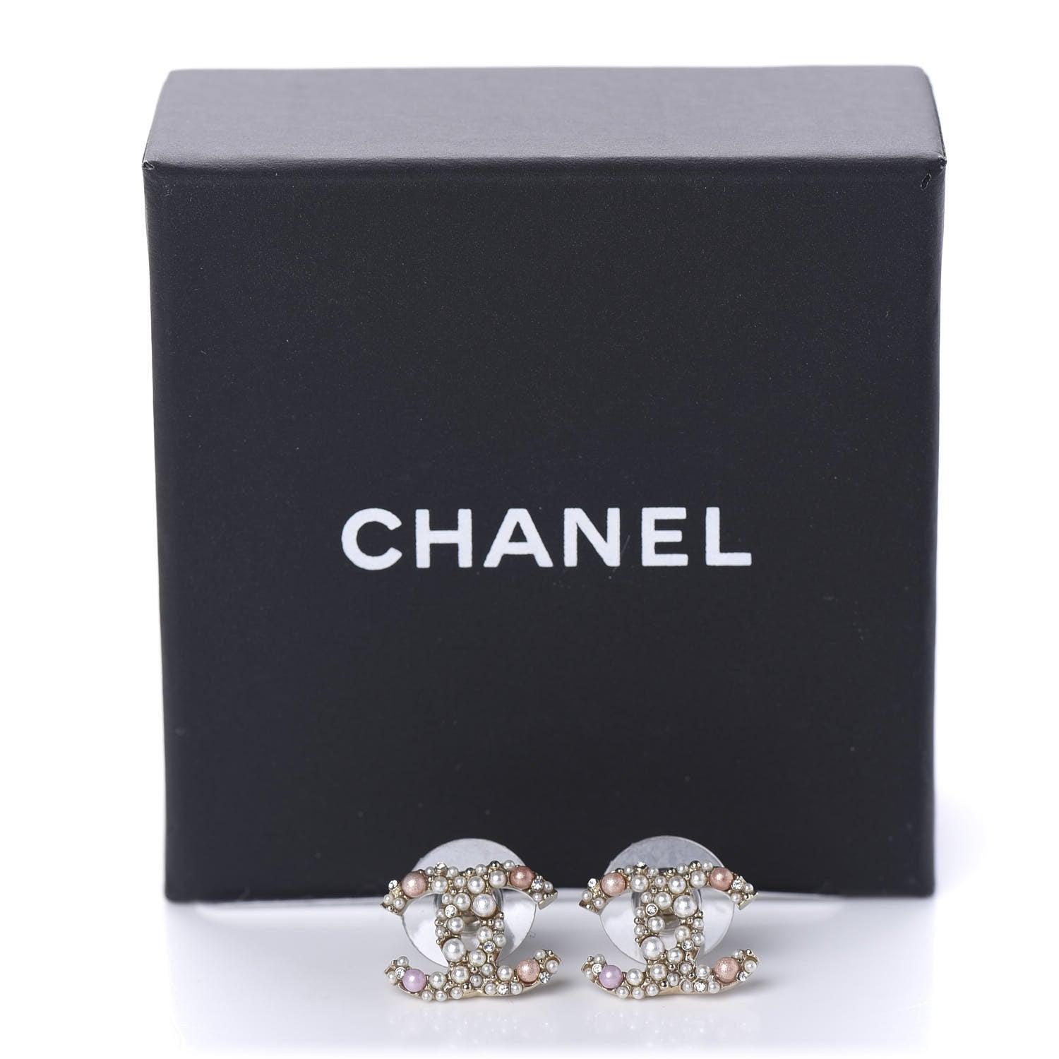 Chanel Pearl Crystal CC Charms Stud Earrings Light Gold Pink 5 of 5