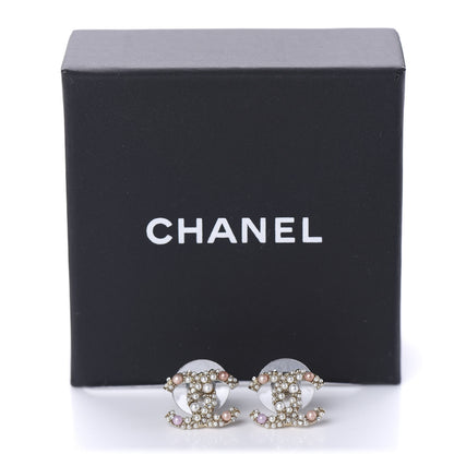 Chanel Pearl Crystal CC Charms Stud Earrings Light Gold Pink 5 of 5