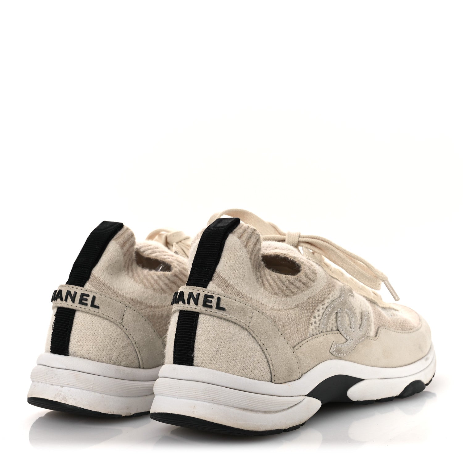 Chanel Knit Fabric Suede Calfskin Womens CC Sneakers 38.5 Ivory 5 of 13