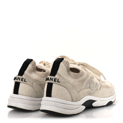 Chanel Knit Fabric Suede Calfskin Womens CC Sneakers 38.5 Ivory 5 of 13