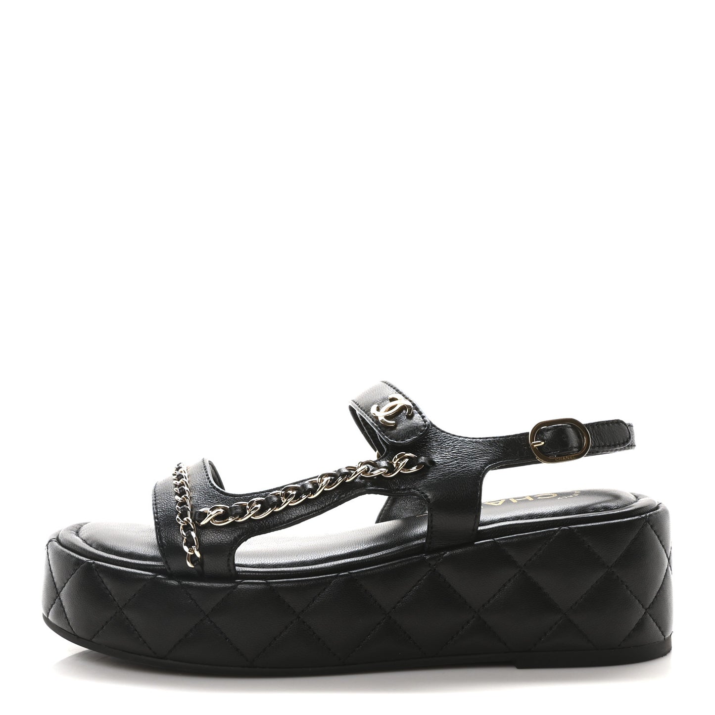 Lambskin Quilted Chain CC Platform Sandals 37.5 Black