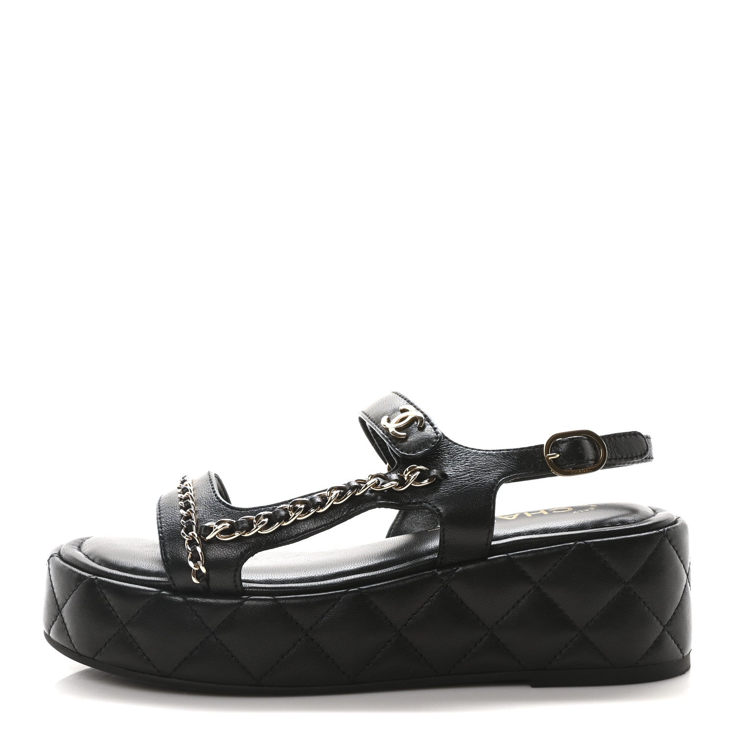 Chanel Lambskin Quilted Chain CC Platform Sandals 37.5 Black 1 of 9