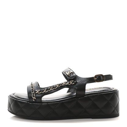 Chanel Lambskin Quilted Chain CC Platform Sandals 37.5 Black 1 of 9