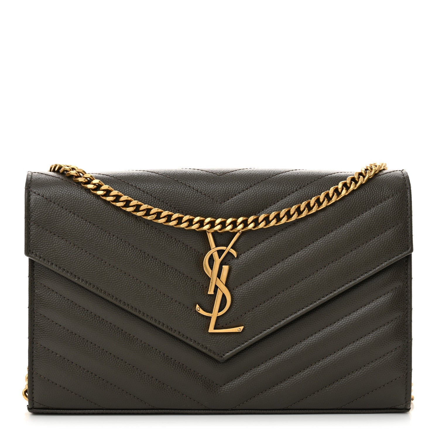 Saint Laurent Grain De Poudre Matelasse Chevron Monogram Chain Wallet Pebble 1 of 11