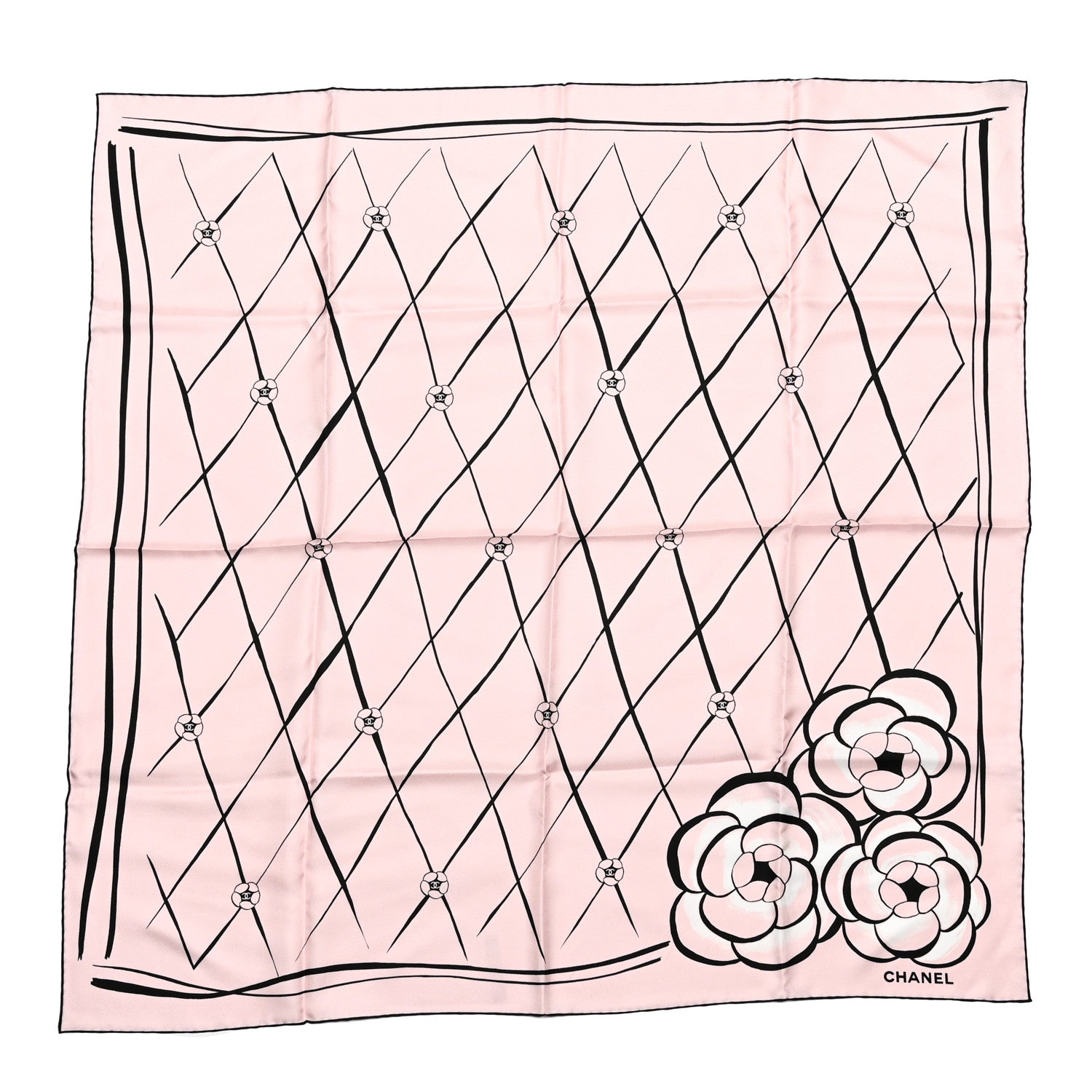 Chanel Silk CC Logo Camellia Scarf Pink Black 1 of 4