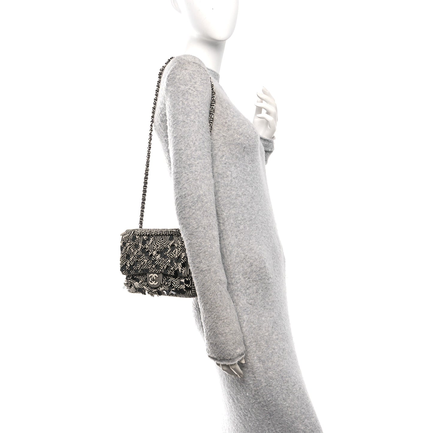 Canvas Sequin Stripe Medium Double Flap Black White