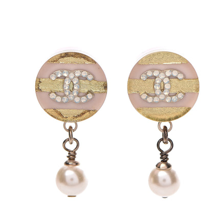 Chanel Resin Crystal Pearl Striped CC Drop Earrings Pink Gold 1 of 5