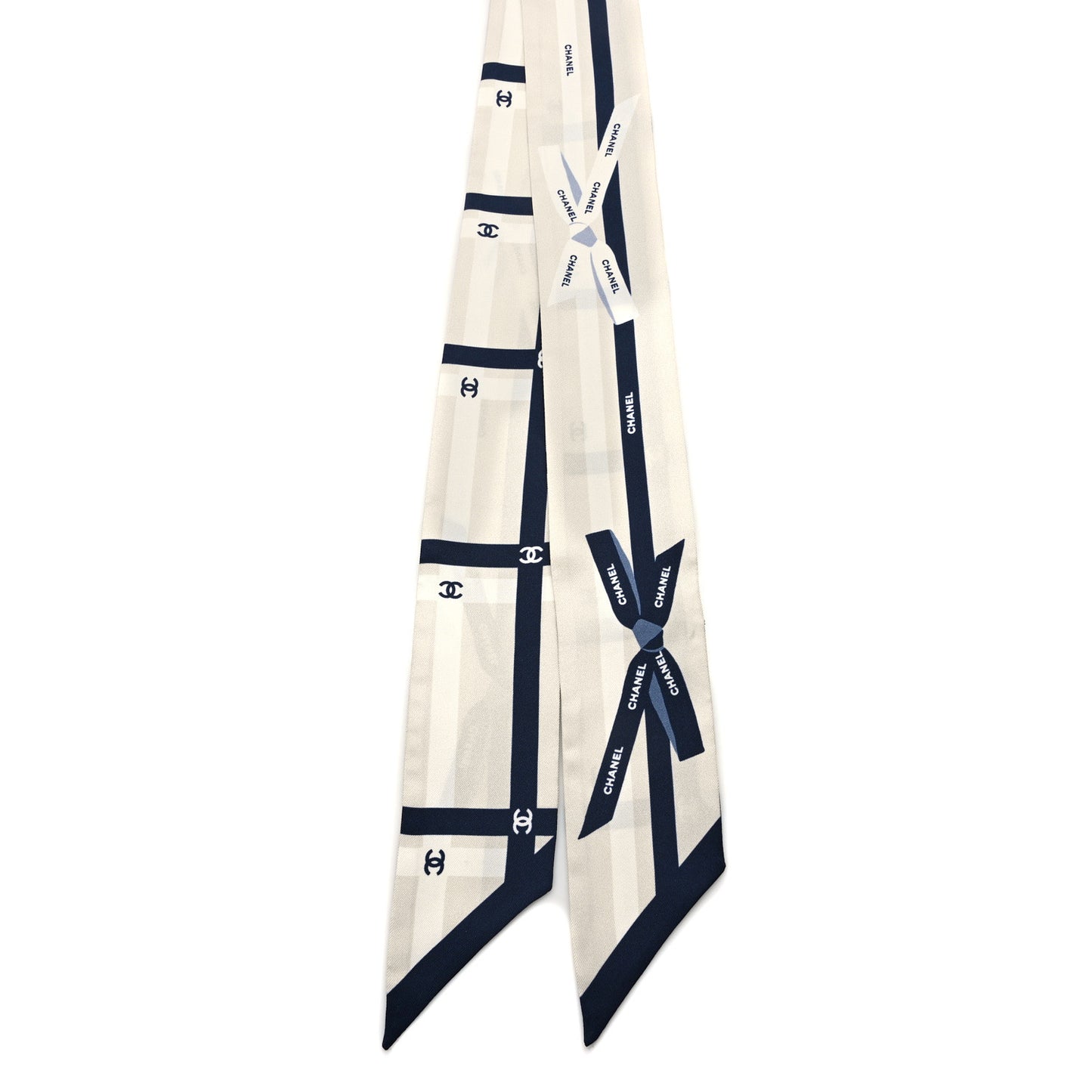 Silk Logo Slim Bandeau Scarf Ecru Navy Blue