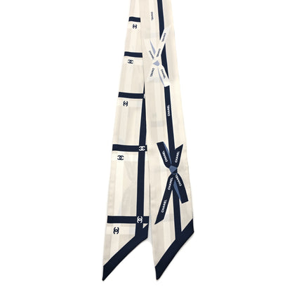 Chanel Silk Logo Slim Bandeau Scarf Ecru Navy Blue 2 of 3