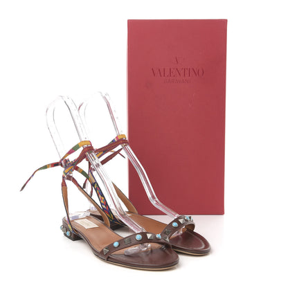 Valentino Garavani Calfskin Embroidered Rockstud Rolling Wrap Sandals 35.5 Brown 9 of 9