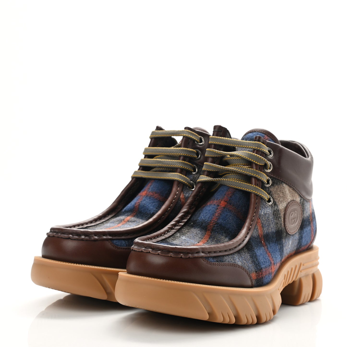 Wool Quebec Calfskin Tartan Plaid Mens Romance GG Hiking Boots 8.5 Brown Lapis Blue Deep Orange Beige