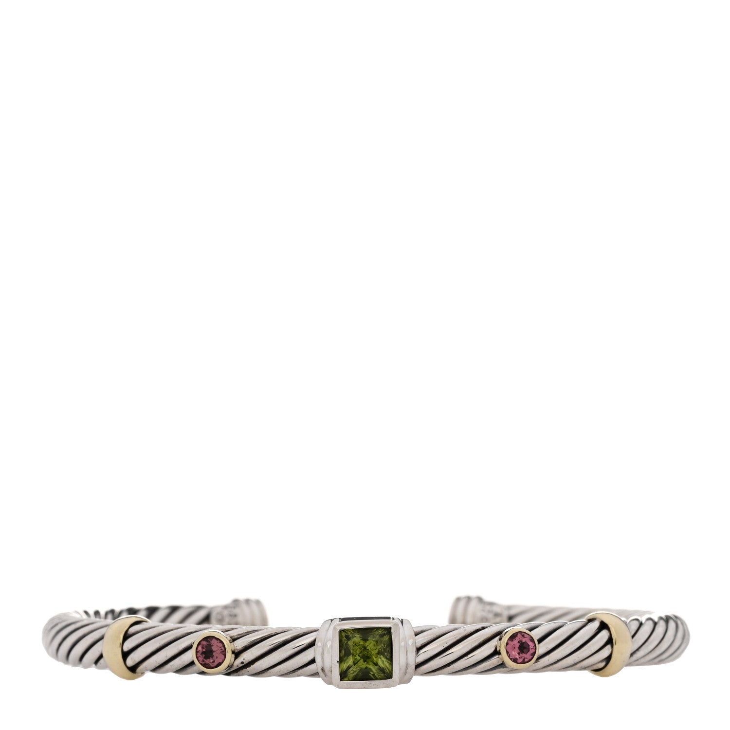 David Yurman Sterling Silver 14K Yellow Gold Peridot Pink Tourmaline 5mm Cable Renaissance Station Bracelet 1 of 3