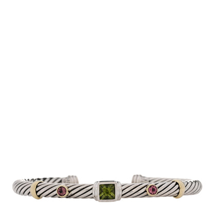 David Yurman Sterling Silver 14K Yellow Gold Peridot Pink Tourmaline 5mm Cable Renaissance Station Bracelet 1 of 3