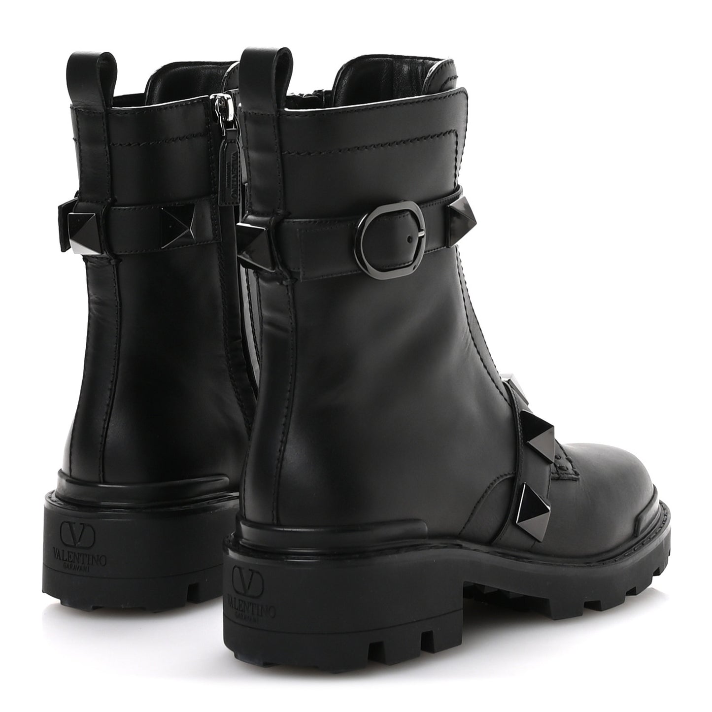 Calfskin Tonal Roman Stud Combat Boots 36 Black