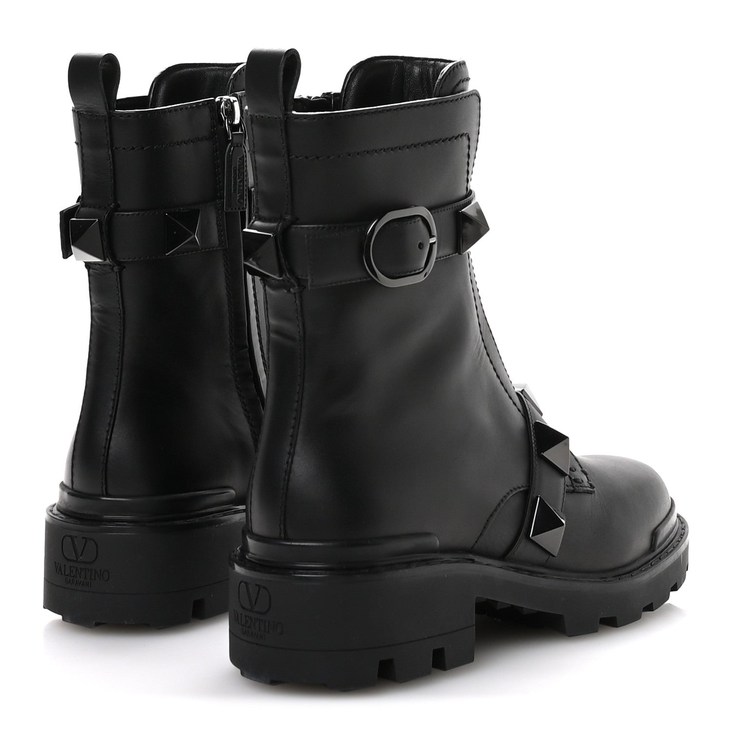 Valentino Garavani Calfskin Tonal Roman Stud Combat Boots 36 Black 5 of 9