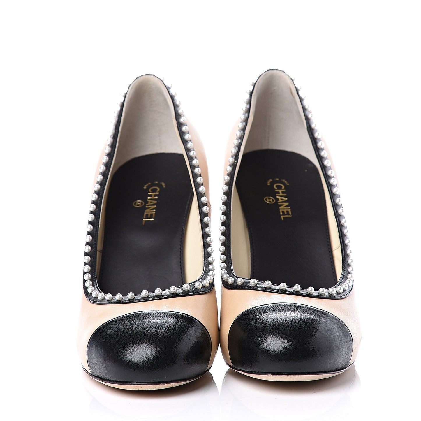 Lambskin Pearl Cap Toe Pumps 40 Beige Black