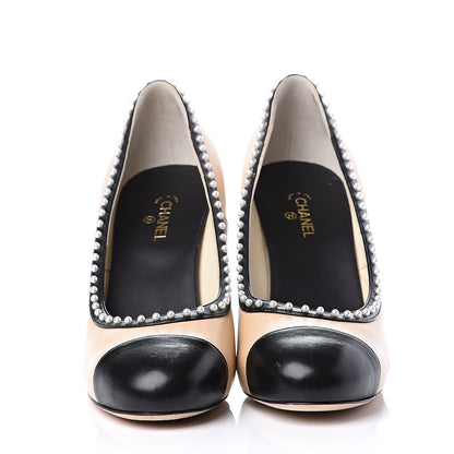 Chanel Lambskin Pearl Cap Toe Pumps 40 Beige Black 3 of 12