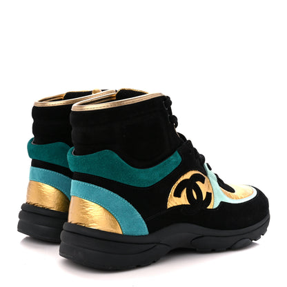 Chanel Suede Calfskin Fabric CC High Top Sneakers 40 Black Turquoise Gold 4 of 9