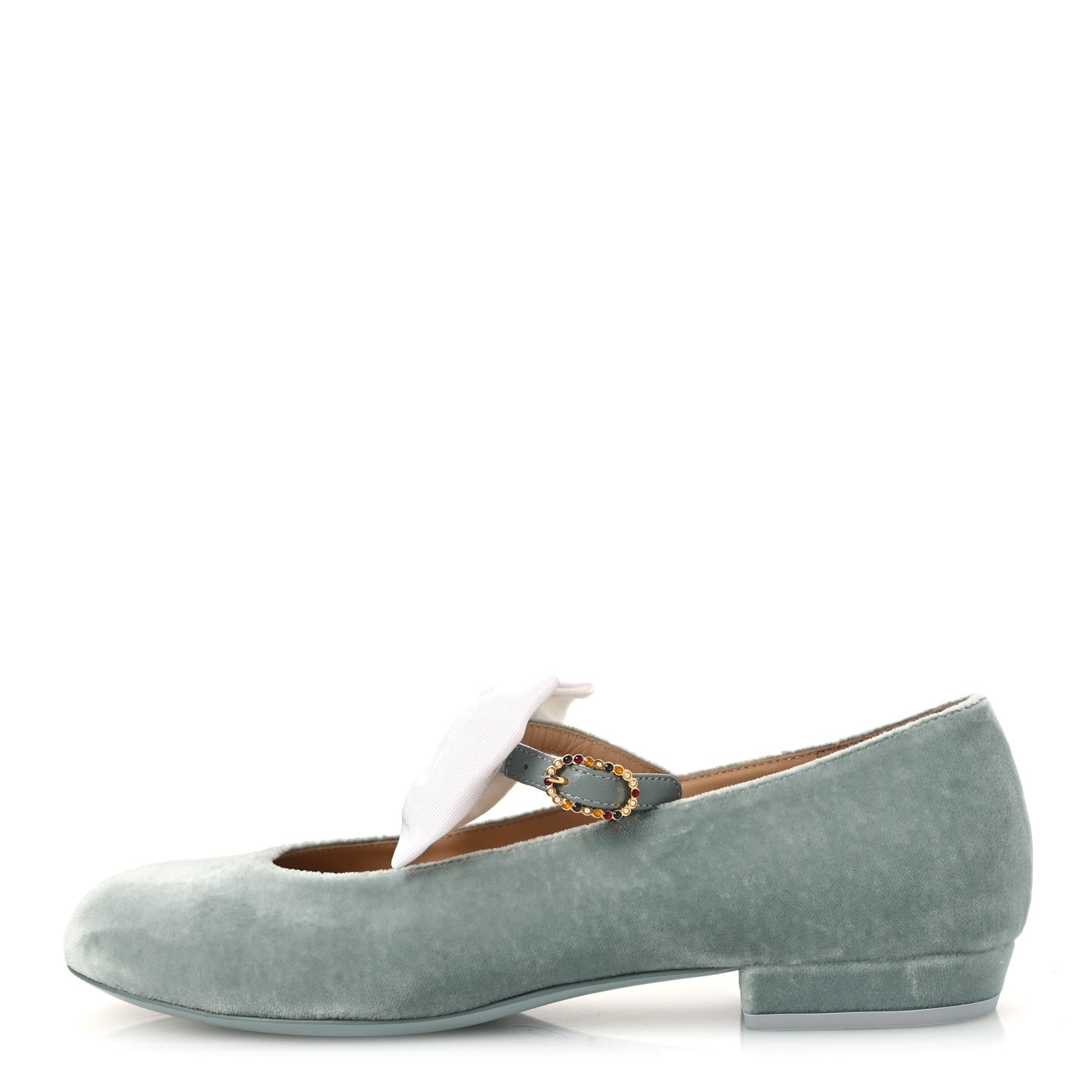 Chanel Velvet Grosgrain Bow Mary Jane Flats 37.5 Light Green White 1 of 11
