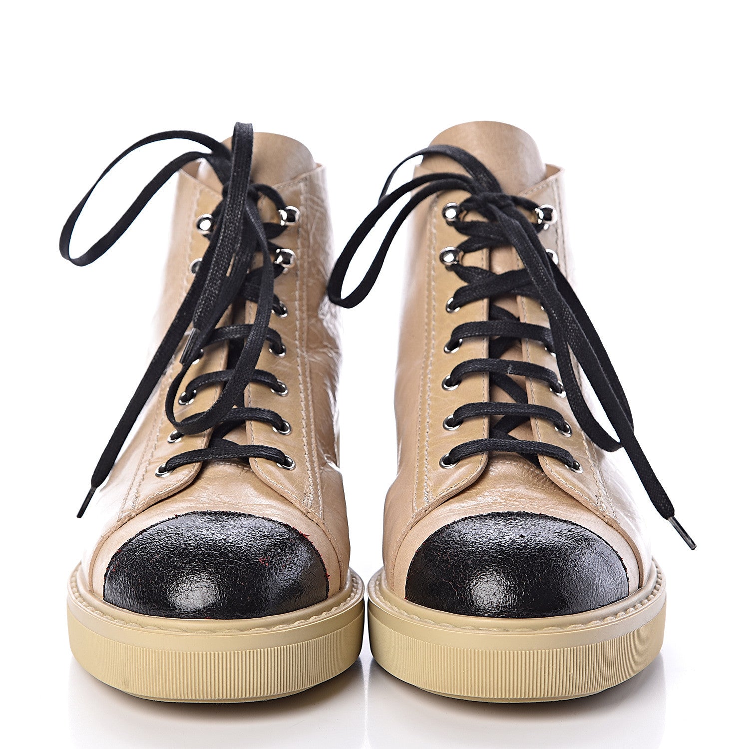 Chanel Crumpled Calfskin Lace Up Short Boots 38 Beige Black 2 of 8