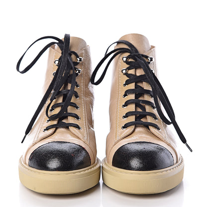 Chanel Crumpled Calfskin Lace Up Short Boots 38 Beige Black 2 of 8