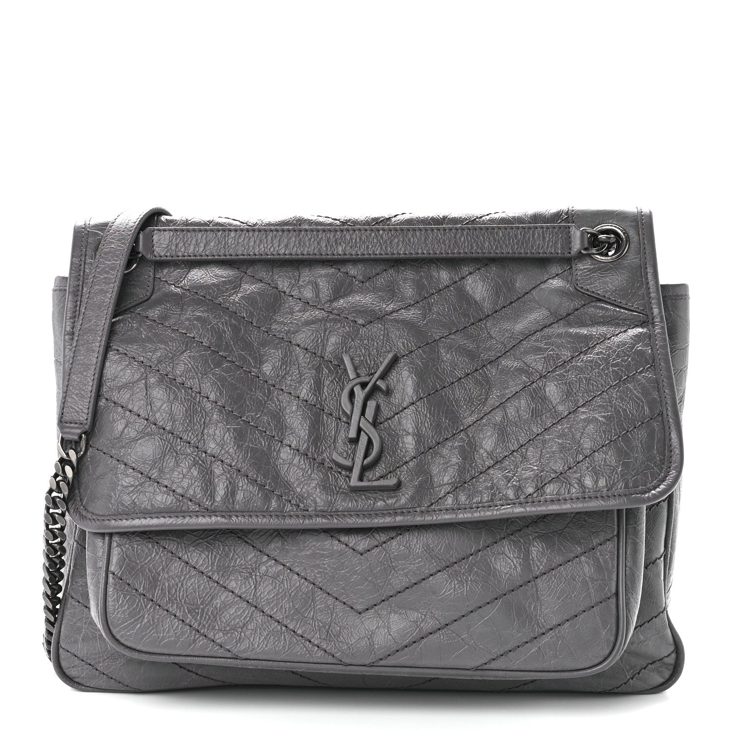 this is a large SAINT LAURENT Crinkled Calfskin Matelasse Monogram Niki Chain Satchel in the color Storm by FASHIONPHILE