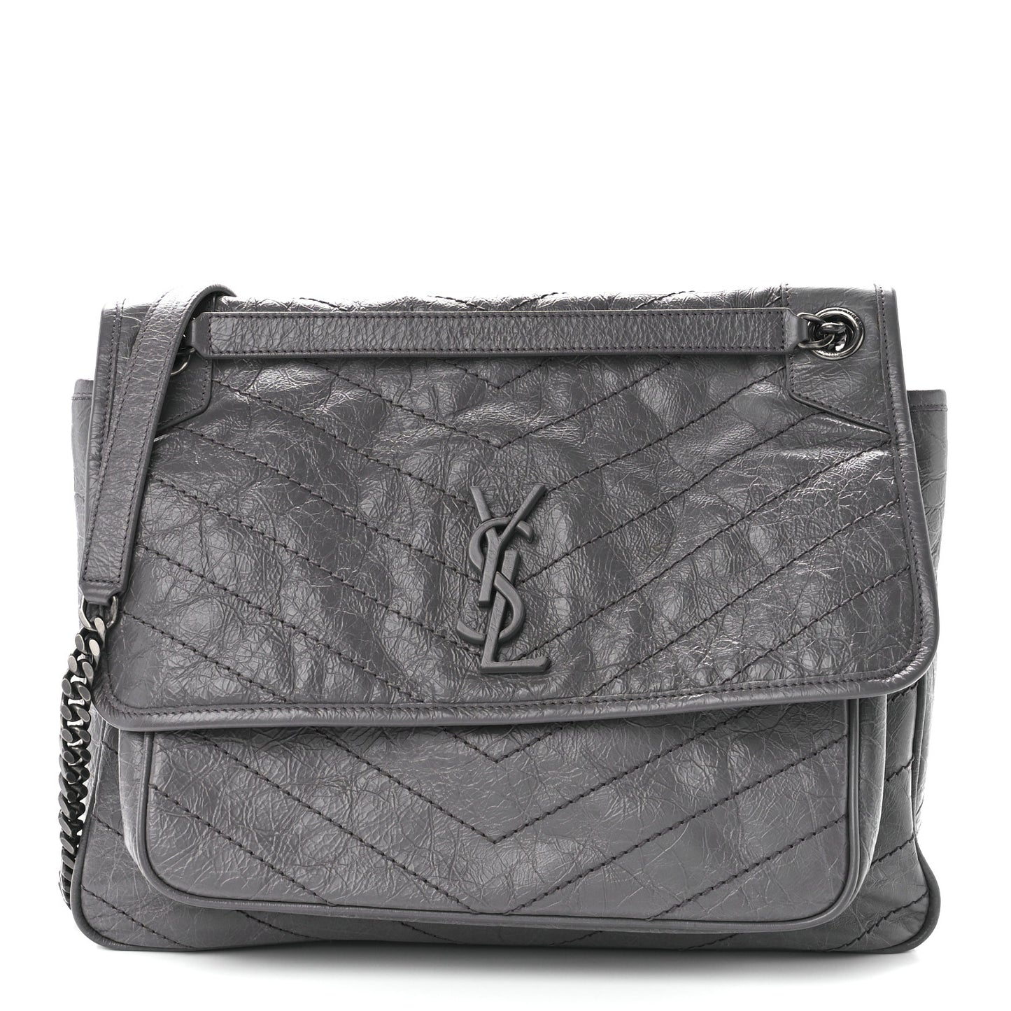 Crinkled Calfskin Matelasse Monogram Large Niki Chain Satchel Storm