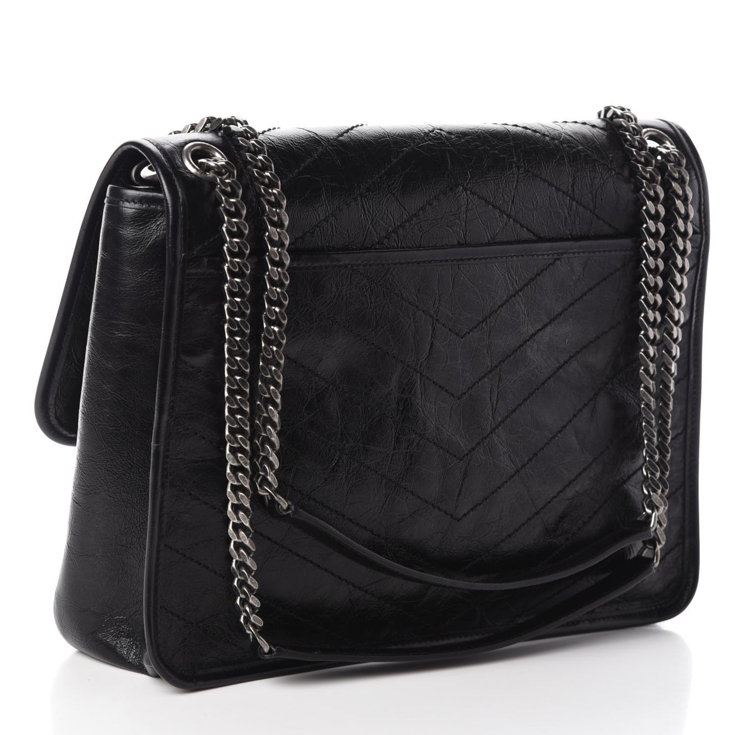 Crinkled Calfskin Matelasse Monogram Large Niki Chain Satchel Black