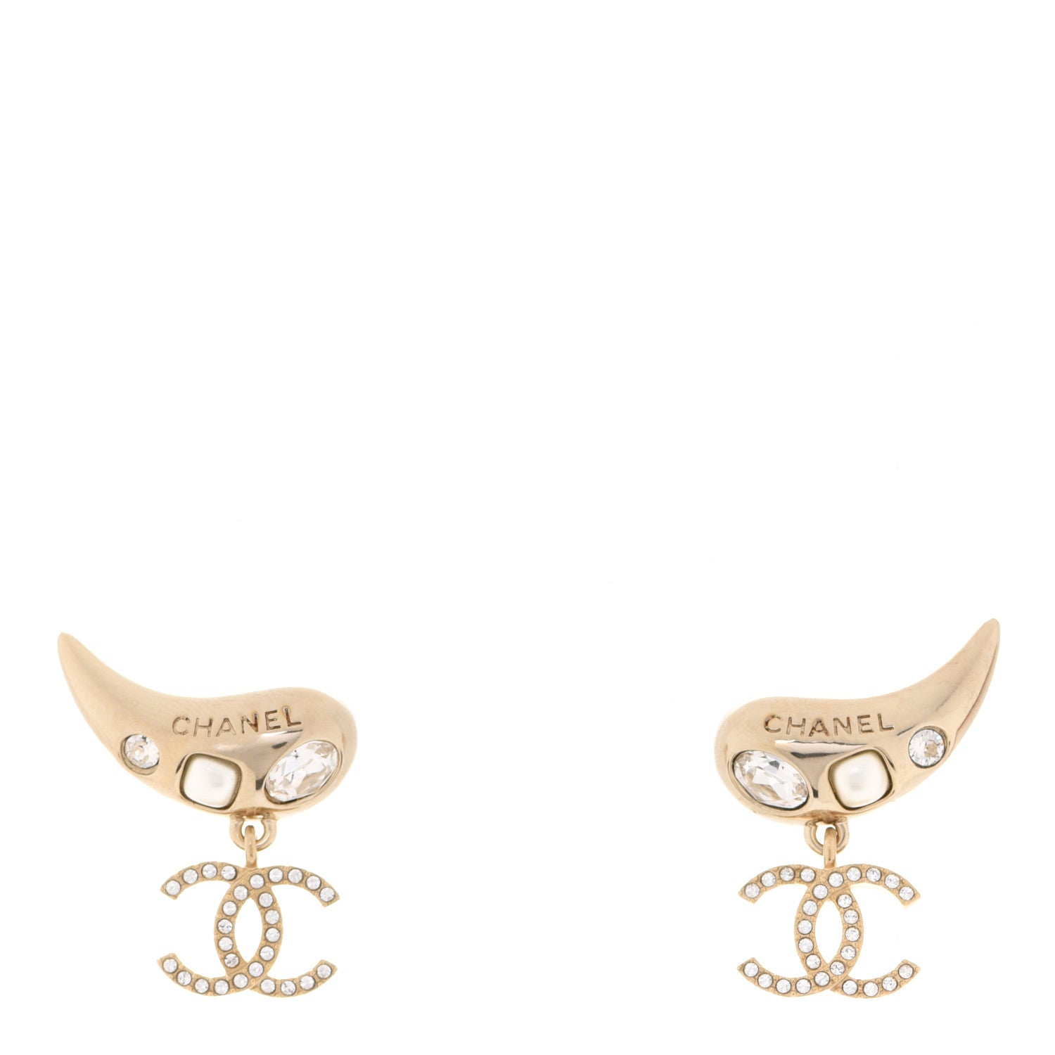 Chanel Crystal Pearl CC Drop Earrings Gold 1 of 5
