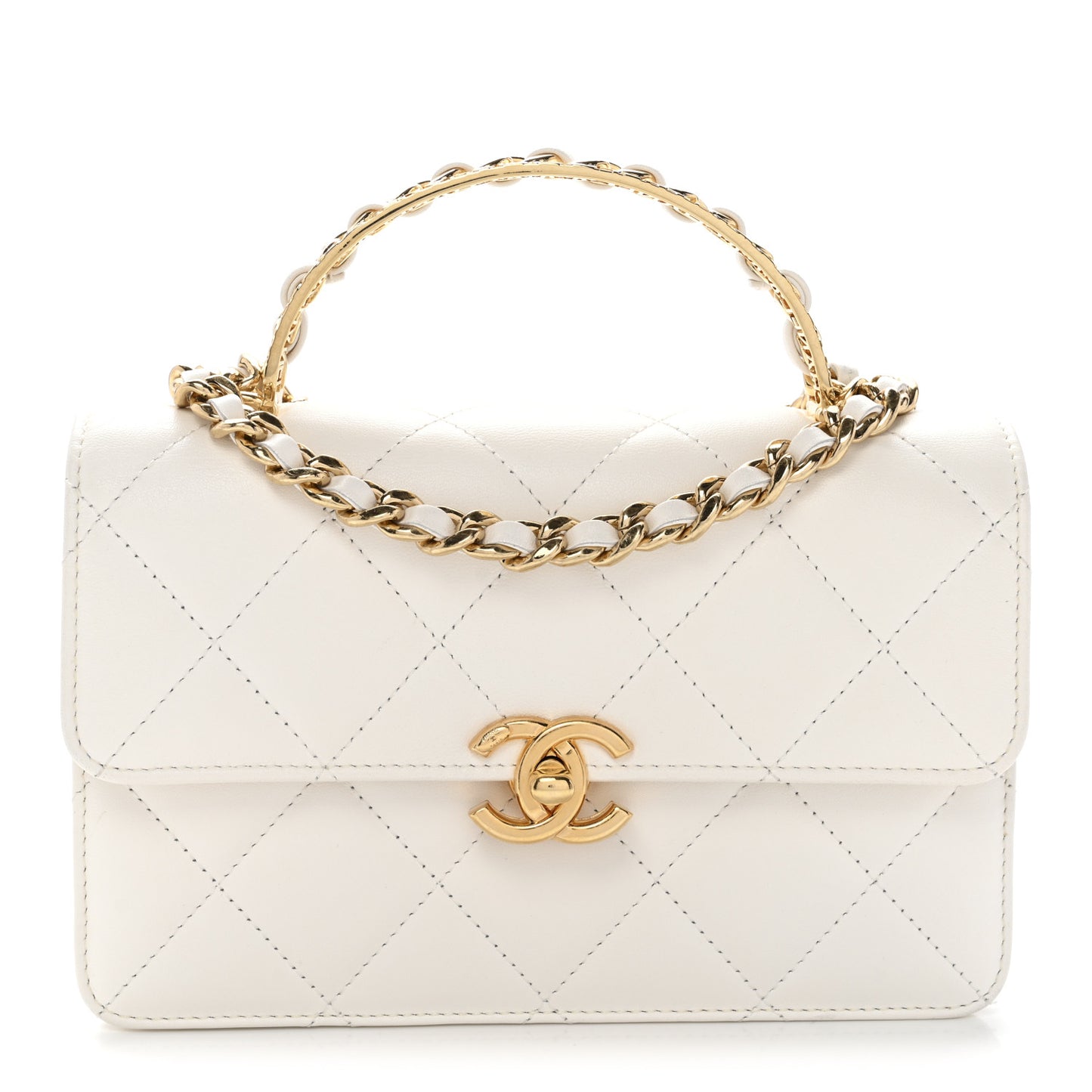 Shiny Calfskin Quilted Mini Metal Top Handle Flap White