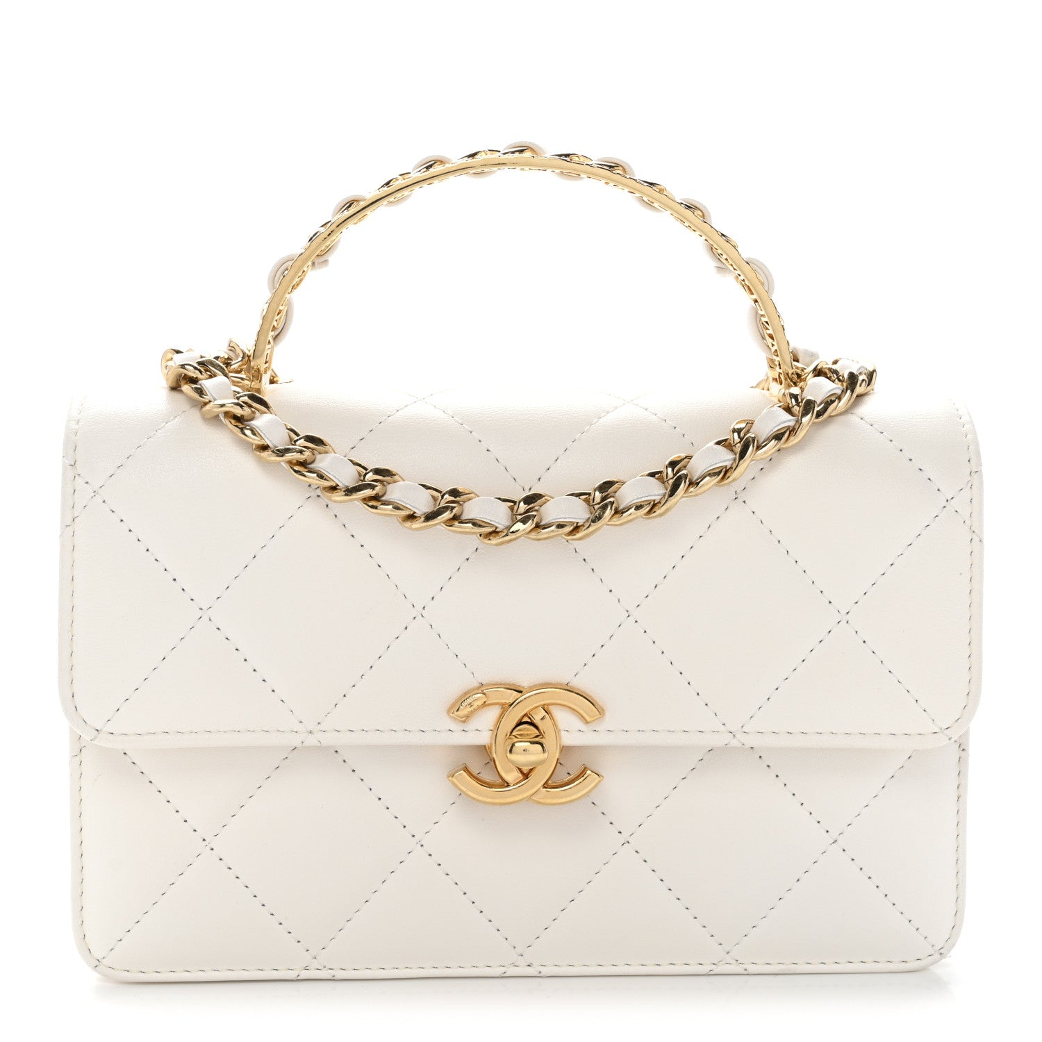 Chanel Shiny Calfskin Quilted Mini Metal Top Handle Flap White 1 of 11