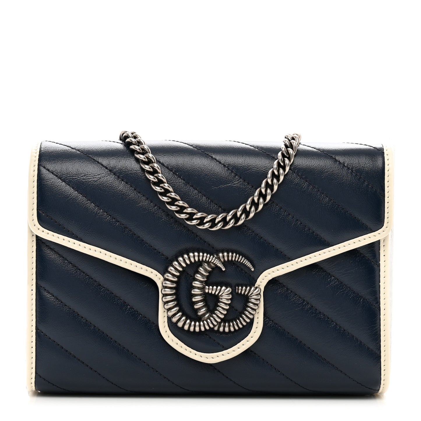 Vintage Effect Calfskin Matelasse Diagonal Torchon GG Marmont Chain Wallet Blue Agata Mystic White